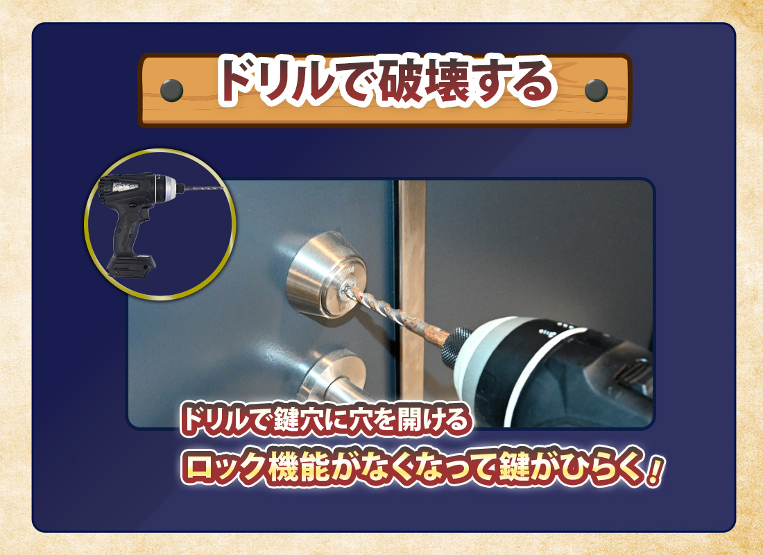 ドリルで鍵穴を壊して物置を開ける