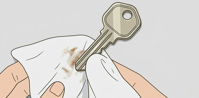 乾いた布で鍵の水気を拭き取る