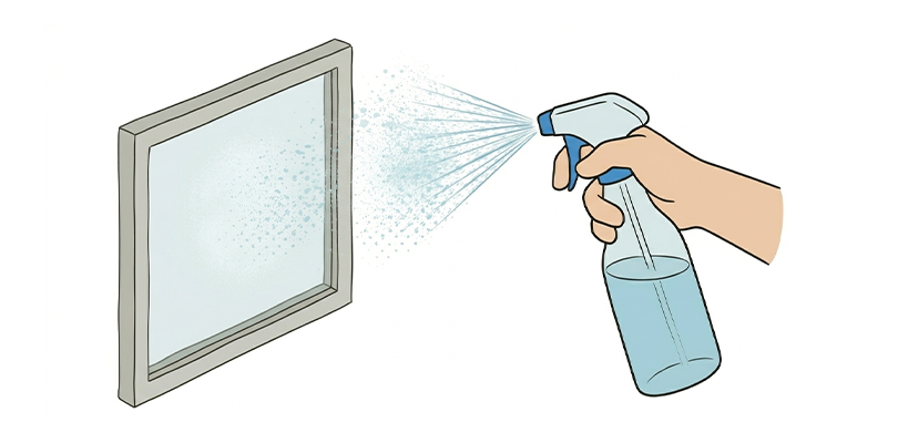 霧吹きで窓を濡らす