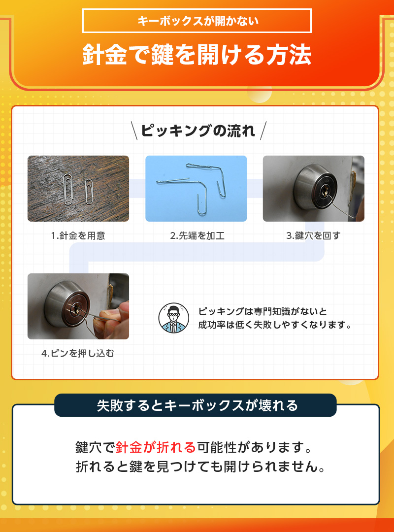シリンダー式のキーボックスをピッキングで開ける流れ